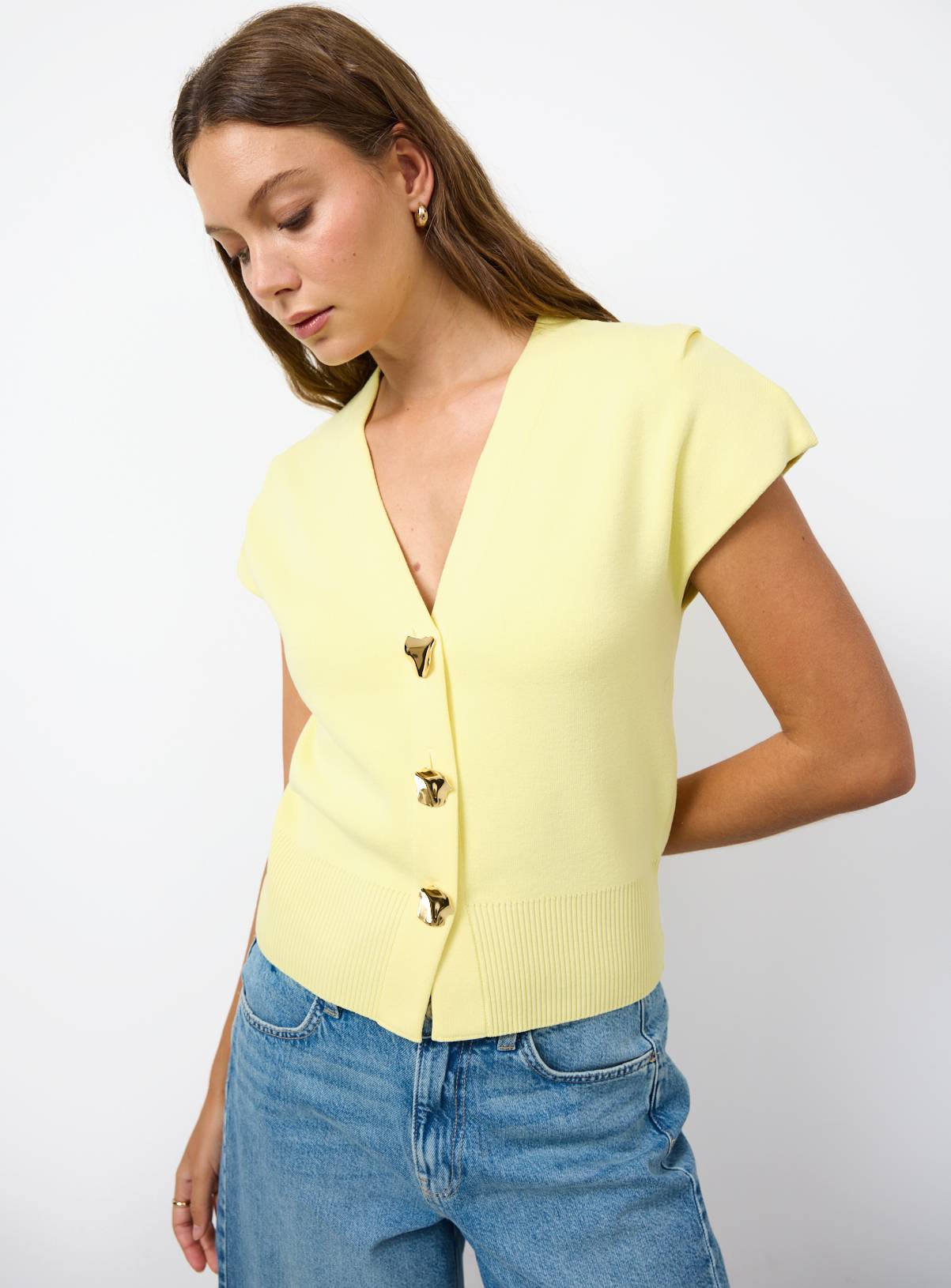 Light Yellow V Neck Cardigan M - Image 1